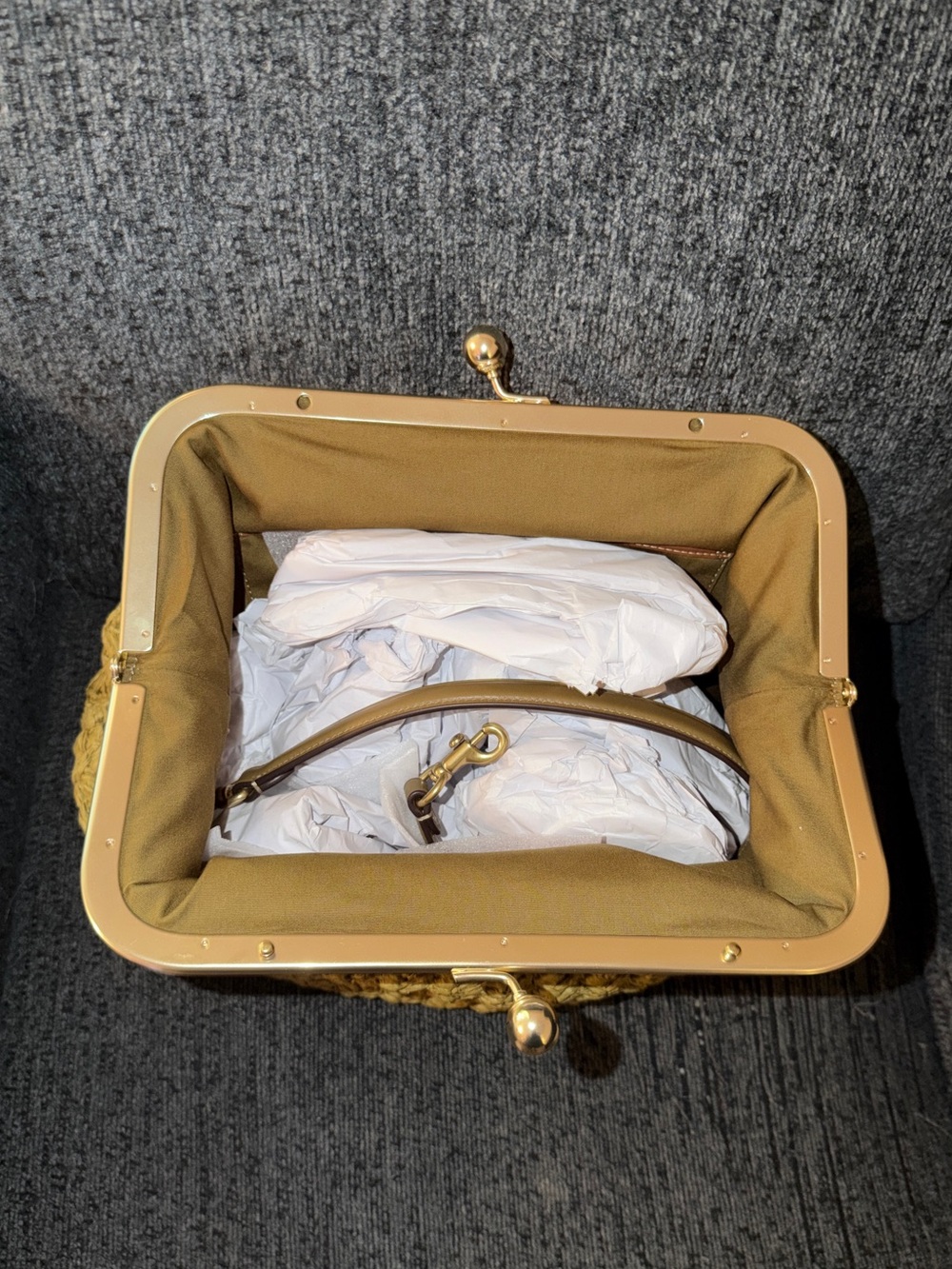 Coach Kisslock Frame Bag 27 Brass/Muted Olive Straw & Calf Leather NWT - Picture 3 of 16